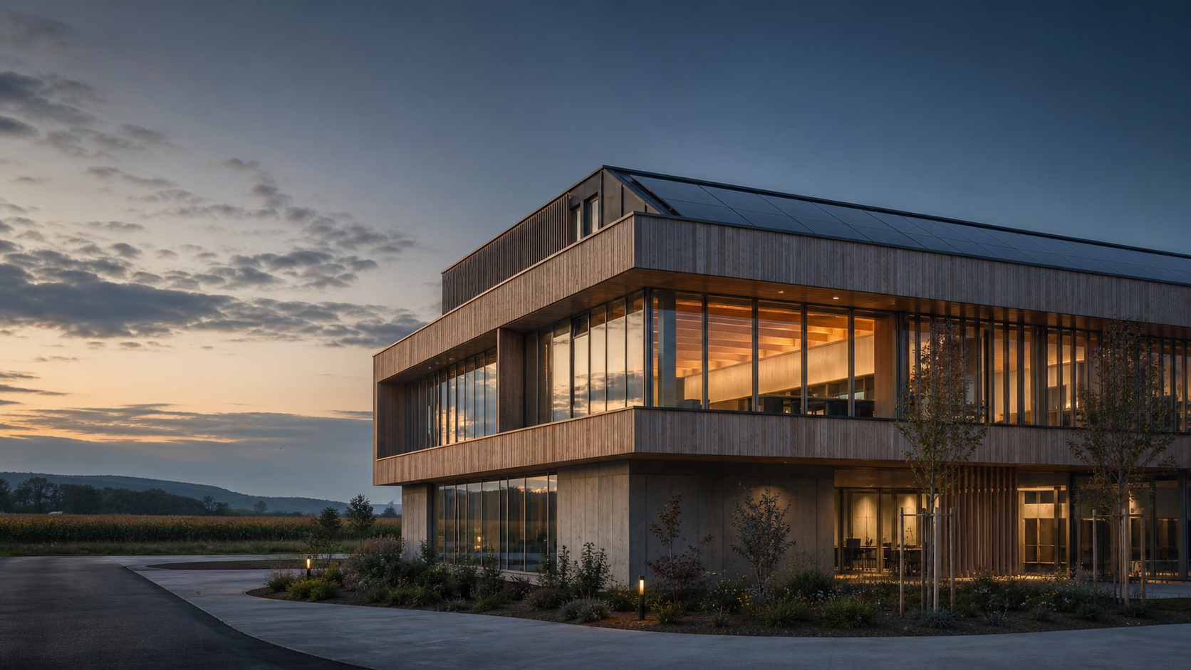 Moderner Gewerbebau mit integrierter Photovoltaik in der Abenddämmerung